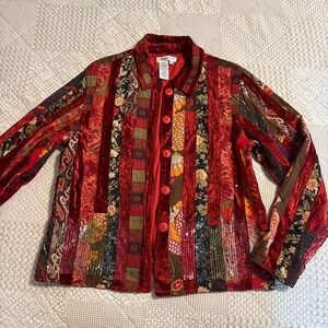 vintage Coldwater creek red striped patchwork button-up blouse with sequins